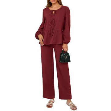 PRETTYGARDEN Women's 2025 Two Piece Outfits Tie Front Long Sleeve Top Wide Leg Pant Lounge Sets Cute...