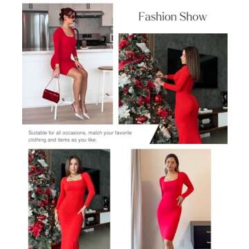 Popilush Long Sleeve Midi Dress Bodycon Party Dress Shapewear Tummy Control Cocktail Dresses Built-i...