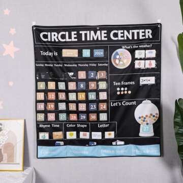 357 Pcs Boho Circle Time Center Classroom Educational Pocket Charts Calendar Teaching Materials for Kids Toddler Learning Activities Classroom Home Must Have Teacher Educational Supplies 39.5 inch