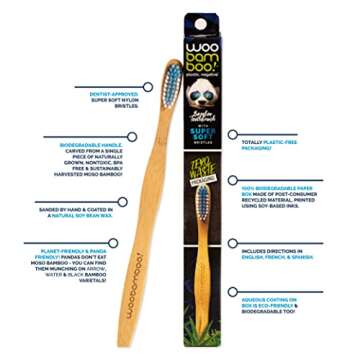Woobamboo! Bamboo Toothbrush - Adult - Super Soft, BPA Free Nylon Bristles, Eco-Friendly, Plastic Negative, Biodegradable, Compostable, Vegan (Pack of 4)