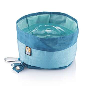 Kurgo Zippy Bowl for Dogs, Collapsible Travel Dog Bowls, Pet Food & Water Hiking Container, Food Grade Silicone, Travel Accessories for Pets, Includes Carabiner, Holds 48 oz (Coastal Blue)