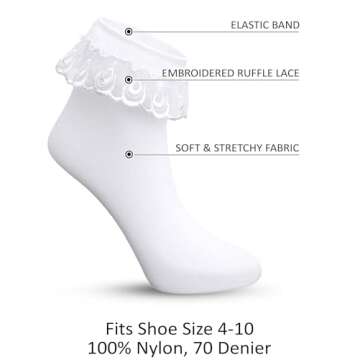 Sugar Sunday 6 Pack Womens Ruffle Socks - Lace Frilly Ankle Socks for Women