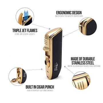 Mrs. Brog Cigar Lighter Triple Flame Torch with Built in Cigar Punch (Butane Gas Not Included) - Pocket Size 3 Adjustable Wind Proof Jet Flames - Ergonomic Grip