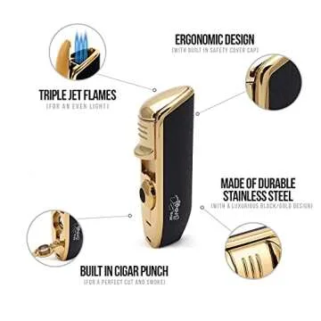 Mrs. Brog Cigar Lighter Triple Flame Torch with Built in Cigar Punch (Butane Gas Not Included) - Pocket Size 3 Adjustable Wind Proof Jet Flames - Ergonomic Grip