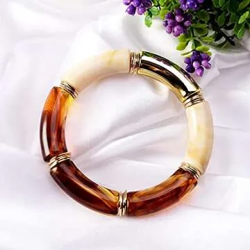 GOOJIDS Bamboo Tube Bangles Bracelet Chunky Curved Stacking Clear Acrylic Colorful Beads Stretchable Friendship Gold Bracelets Gift For Women (A-Coffee)