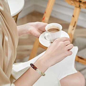 GOOJIDS Bamboo Tube Bangles Bracelet Chunky Curved Stacking Clear Acrylic Colorful Beads Stretchable Friendship Gold Bracelets Gift For Women (A-Coffee)