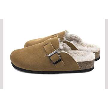 XHBYG Winter Women Faux Cow Suede Leather Mule Clogs Slippers Long Plush Warm Indoor Soft Cork Buckle Slides Footwear for Women Men 35 Khkai