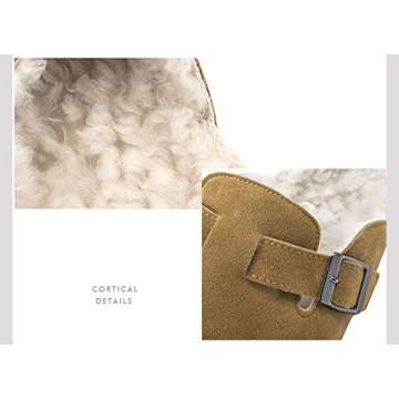 XHBYG Winter Women Faux Cow Suede Leather Mule Clogs Slippers Long Plush Warm Indoor Soft Cork Buckle Slides Footwear for Women Men 35 Khkai