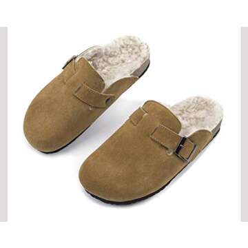 XHBYG Winter Women Faux Cow Suede Leather Mule Clogs Slippers Long Plush Warm Indoor Soft Cork Buckle Slides Footwear for Women Men 35 Khkai