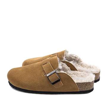 XHBYG Winter Women Faux Cow Suede Leather Mule Clogs Slippers Long Plush Warm Indoor Soft Cork Buckle Slides Footwear for Women Men 35 Khkai