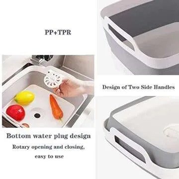 Leemeimei 9L (2.4Gal) Dish Basin Collapsible with Drain Plug Carry Handles,Kitchen Storage Tray Dish Wash Basin, Portable Dish Tub, Foldable Dishpan for Camping,RV,Gray