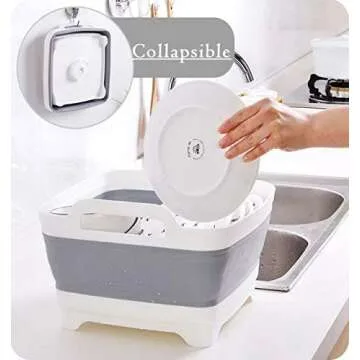 Leemeimei 9L (2.4Gal) Dish Basin Collapsible with Drain Plug Carry Handles,Kitchen Storage Tray Dish Wash Basin, Portable Dish Tub, Foldable Dishpan for Camping,RV,Gray