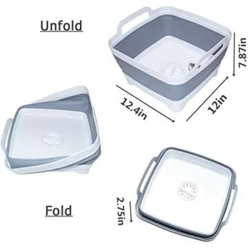 Leemeimei 9L (2.4Gal) Dish Basin Collapsible with Drain Plug Carry Handles,Kitchen Storage Tray Dish Wash Basin, Portable Dish Tub, Foldable Dishpan for Camping,RV,Gray