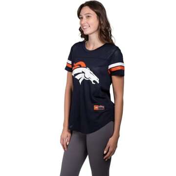 Ultra Game NFL Denver Broncos Womenss Soft Mesh Jersey Varsity Stripe Jock Tag Crew Neck Tee Shirt T...