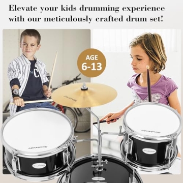 Soulmate Kids Drum Set 3-Piece 14 in Beginner Drum Set with Adjustable Throne, Cymbal, Pedal,8'' Tom 10'' Snare 14'' Bass Drum, Starter Drum Kit For Child age 3-13 Years, Black