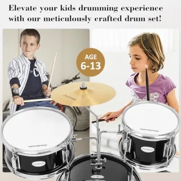 Soulmate Kids Drum Set 3-Piece 14 in Beginner Drum Set with Adjustable Throne, Cymbal, Pedal,8'' Tom 10'' Snare 14'' Bass Drum, Starter Drum Kit For Child age 3-13 Years, Black