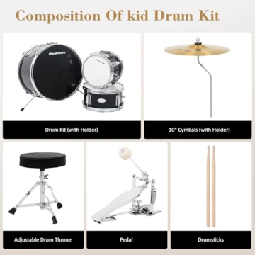 Soulmate Kids Drum Set 3-Piece 14 in Beginner Drum Set with Adjustable Throne, Cymbal, Pedal,8'' Tom 10'' Snare 14'' Bass Drum, Starter Drum Kit For Child age 3-13 Years, Black