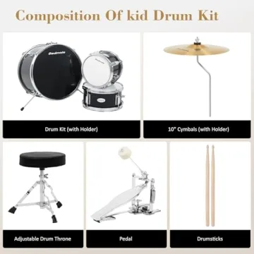 Soulmate Kids Drum Set 3-Piece 14 in Beginner Drum Set with Adjustable Throne, Cymbal, Pedal,8'' Tom 10'' Snare 14'' Bass Drum, Starter Drum Kit For Child age 3-13 Years, Black