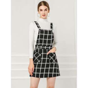 Allegra K Women's Adjustable Strap Above Knee Plaid Printed Overall Dress Suspender Skirt Small Blac...