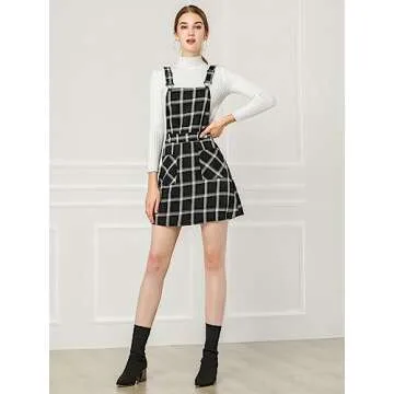 Allegra K Women’s Adjustable Strap Plaid Overall Dress