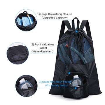 PACEARM Packable Swim Bag, Mesh Swim Drawstring Backpack with 35L Upgraded Capacity & Vented Design, Lightweight Swimmers Mesh Bag for Swimming Gear Snorkeling Equipment (Black)