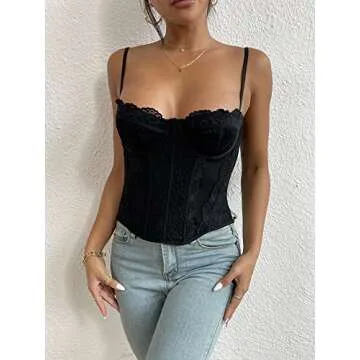 Women's Corset Top Lace Boned Bustier Top Mesh Y2K Cami Top Adjustable Strap (as1, alpha, s, regular, regular, Black, S)