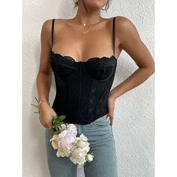 Women's Corset Top Lace Boned Bustier Top Mesh Y2K Cami Top Adjustable Strap (as1, alpha, s, regular, regular, Black, S)