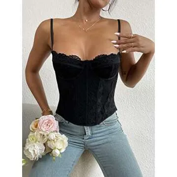 Women's Corset Top Lace Boned Bustier Top Mesh Y2K Cami Top Adjustable Strap (as1, alpha, s, regular, regular, Black, S)
