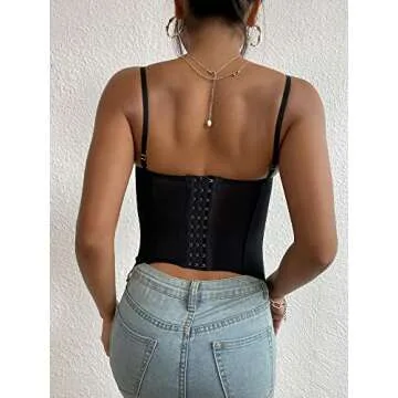 Women's Corset Top Lace Boned Bustier Top Mesh Y2K Cami Top Adjustable Strap (as1, alpha, s, regular, regular, Black, S)