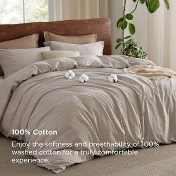 Bedsure 100% Washed Cotton Duvet Cover Set - Elegantly Minimalist Linen Grey Bedding