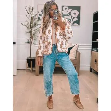 Omoone Women's Cropped Quilted Jacket Floral Printed LightWeight Padded Puffer Cardigan Coat Outwear(3950-09Orange-L)