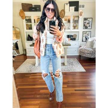 Omoone Women's Cropped Quilted Jacket Floral Printed LightWeight Padded Puffer Cardigan Coat Outwear(3950-09Orange-L)