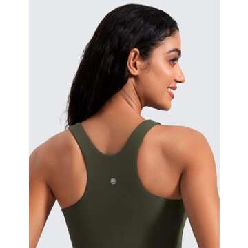 CRZ YOGA Butterluxe Womens Racerback Workout Tank Top with Built in Shelf Bra - Padded High Neck Yoga Athletic Camisole Olive Green Large