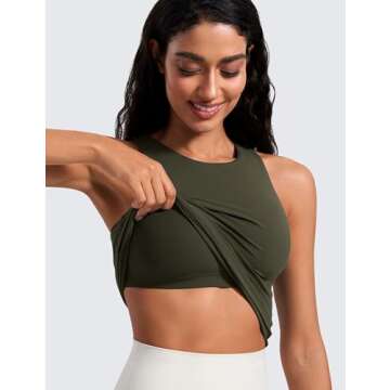 CRZ YOGA Butterluxe Womens Racerback Workout Tank Top with Built in Shelf Bra - Padded High Neck Yoga Athletic Camisole Olive Green Large