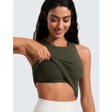 CRZ YOGA Butterluxe Womens Racerback Workout Tank Top with Built in Shelf Bra - Padded High Neck Yoga Athletic Camisole Olive Green Large