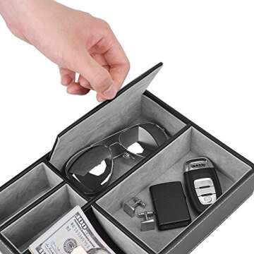 JS NOVA JUNS Valet Tray, 5 Compartments PU Leather Dresser Valet Organizer for Watches and Jewelry