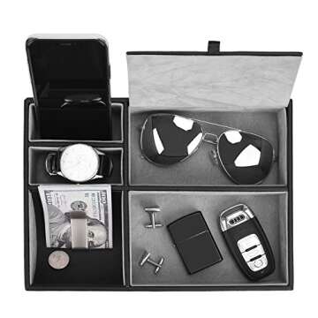 JS NOVA JUNS Valet Tray, 5 Compartments PU Leather Dresser Valet Organizer for Watches and Jewelry