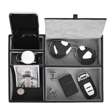 JS NOVA JUNS Valet Tray, 5 Compartments PU Leather Dresser Valet Organizer for Watches and Jewelry