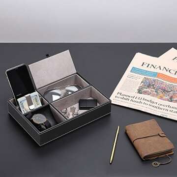 JS NOVA JUNS Valet Tray, 5 Compartments PU Leather Dresser Valet Organizer for Watches and Jewelry