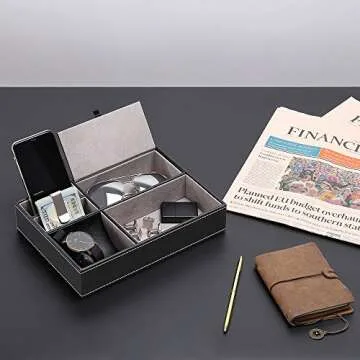 JS NOVA JUNS Valet Tray, 5 Compartments PU Leather Dresser Valet Organizer for Watches and Jewelry