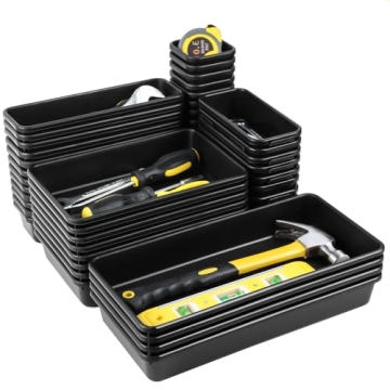 Takytao Upgraded 60PCS Tool Box Organizer Tray Divider,5 Sizes Desk Drawer Organizers Garage Tool Organizer and Storage, Black Plastic Tray Organizer Bins for Home Office Supplies and Tools
