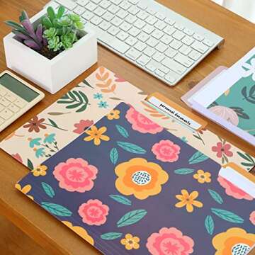 EOOUT 9pcs Decorative File Folders Letter Size, 1/3-Cut Tabs Plastic File Folders for Documents with Colorful Floral Patterns and Erasable Category Labels for Notes Office and School Supplies