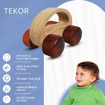 TEKOR Wooden Teether Car - Natural Montessori Toy for Babies