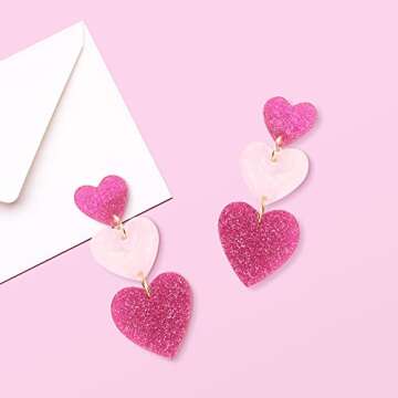 LEE&RO Heart Earrings for Women Dangle Valentine's Day Earrings Heart Earrings Pink Heart Earrings Red Heart Earrings Cute Love Dangling Heart Earrings Mix Style 1