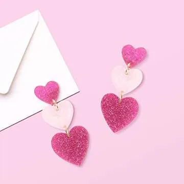LEE&RO Heart Earrings for Women Dangle Valentine's Day Earrings Heart Earrings Pink Heart Earrings Red Heart Earrings Cute Love Dangling Heart Earrings Mix Style 1