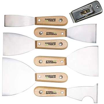 7 Piece Set - Putty Knife, 5 in 1 Multi Tool & Razor Scraper (Medium Flex & Wood Handle) - Wall Scraper & Drywall Knife - For Spreading Drywall Spackle & Mud, Taping, Scraping Paint,and More