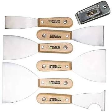 7 Piece Set - Putty Knife, 5 in 1 Multi Tool & Razor Scraper (Medium Flex & Wood Handle) - Wall Scraper & Drywall Knife - For Spreading Drywall Spackle & Mud, Taping, Scraping Paint,and More