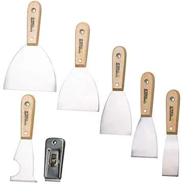 7 Piece Set - Putty Knife, 5 in 1 Multi Tool & Razor Scraper (Medium Flex & Wood Handle) - Wall Scraper & Drywall Knife - For Spreading Drywall Spackle & Mud, Taping, Scraping Paint,and More