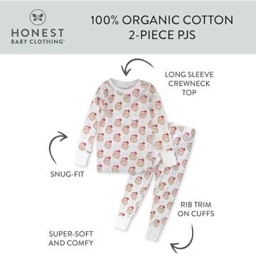 HonestBaby Holiday 2-Piece Pajamas Sleepwear PJs 100% Organic Cotton for Baby, Toddler, Kids, Ho Ho Ho