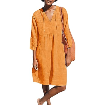 Lafural Womens V Neck Cotton Casual Loose Shift Tunic Smock Summer Dresses Vacation Dress 3/4 Sleeve...